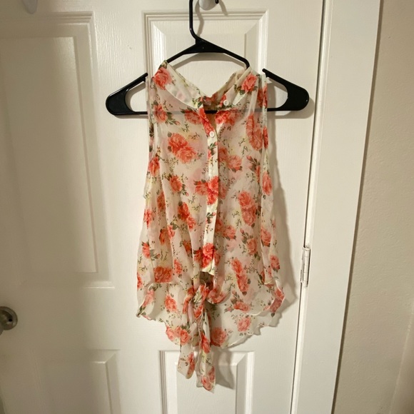 Floral Sleeveless Tie Bottom Button Up - Picture 1 of 3
